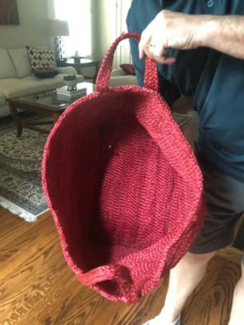 Jute hand braided bag woven wide space storage tote red